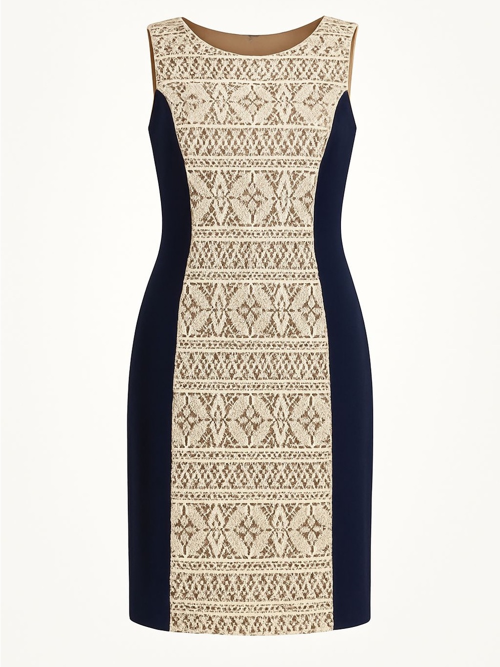 ANNE KLEIN Lace Color Block Midi Dress Crochet Front Navy Cream